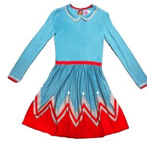 Mini Boden Blue Metallic Holiday Sweater Dress Girls 9-10Y Modest Family Photos